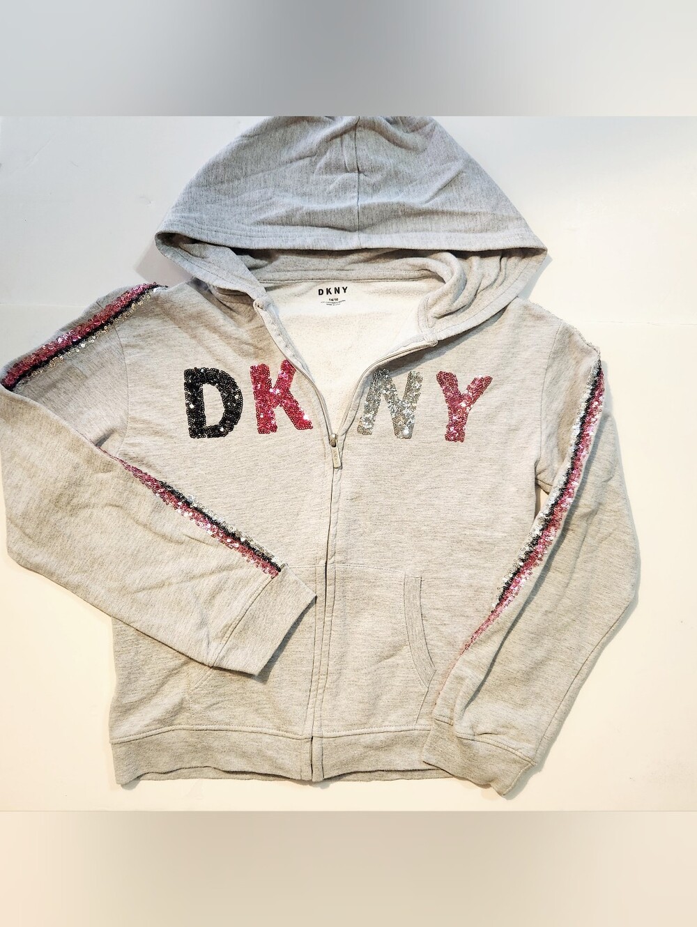 🩷DKNY Girls' Light Gray Sequin Logo Zip Hoodie Size: 14/16